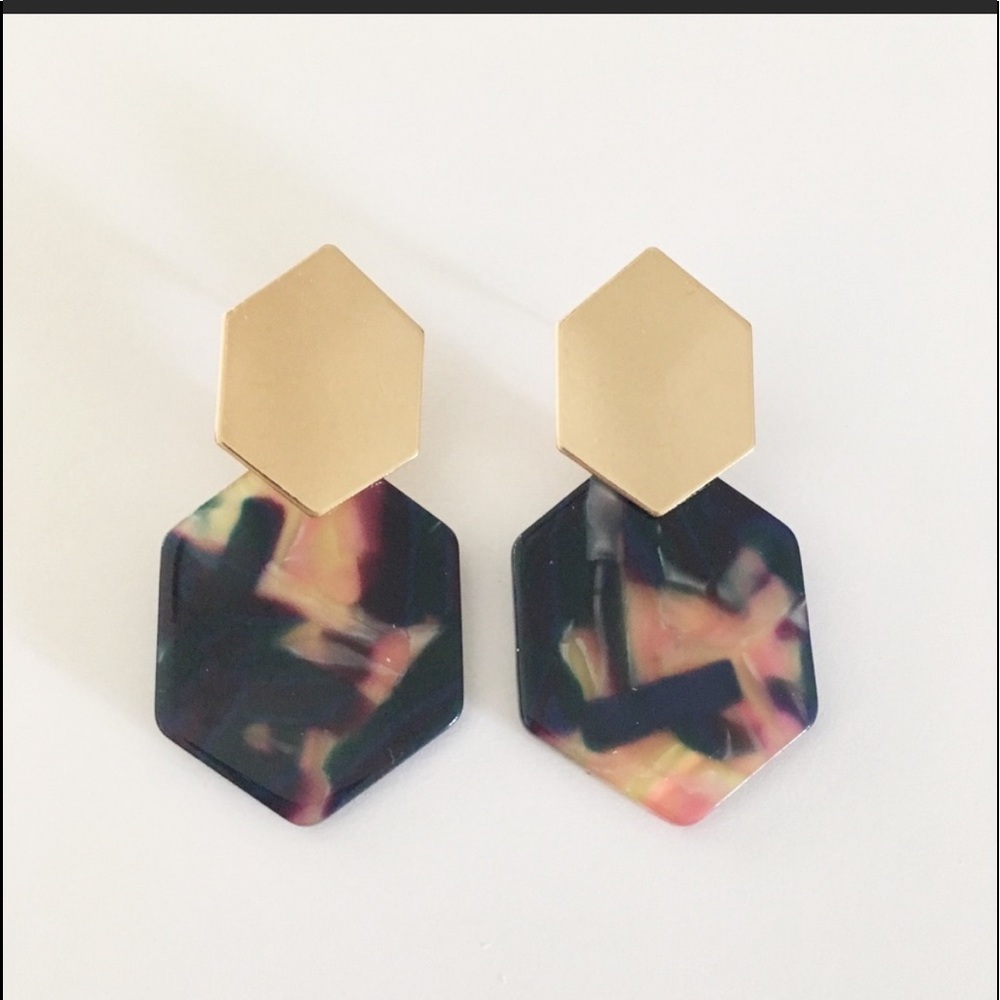 Hexagon Geometric Tortoise Resin Acrylic Gold Dangle Earrings